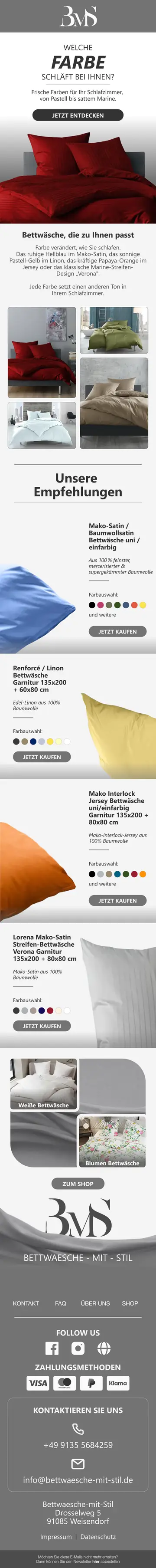 BMS stellt die Farbauswahl bei Bettwäsche in den Mittelpunkt: vom roten und grünen Schlafzimmer bis zu hellen und kräftigen Farbtönen. Auf eine Bildcollage folgen Empfehlungen verschiedener Bettwäsche-Qualitäten mit Farbvarianten und weitere Einstiege in weiße und florale Bettwäsche.