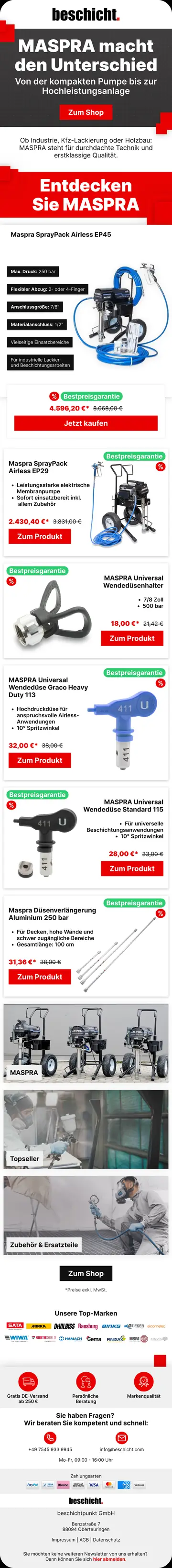 beschicht. stellt die Marke MASPRA für Lackier- und Beschichtungstechnik vor. Die E-Mail führt von Airless-Pumpen zu Düsenhaltern, Wendedüsen und Verlängerungen; technische Merkmale stehen direkt neben den jeweiligen Produktabbildungen.