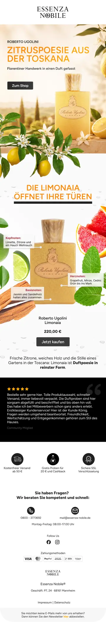 Essenza Nobile präsentiert den Duft Limonaia von Roberto Ugolini in einer Bildwelt mit Zitrusfrüchten und toskanischer Landschaft. Kopf-, Herz- und Basisnoten werden am Flakon erläutert, bevor der eigenständige Produktbereich folgt.