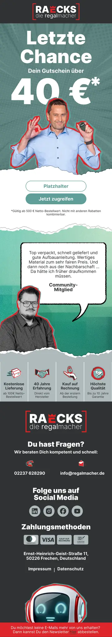RAECKS zeigt eine Erinnerung an einen noch nicht eingelösten Gutschein im Zusammenhang mit dem Kaufabschluss. Ein groß gesetzter Gutscheinwert, das als Platzhalter markierte Codefeld und eine direkte Handlungsaufforderung bilden den Einstieg, gefolgt von Serviceinformationen.