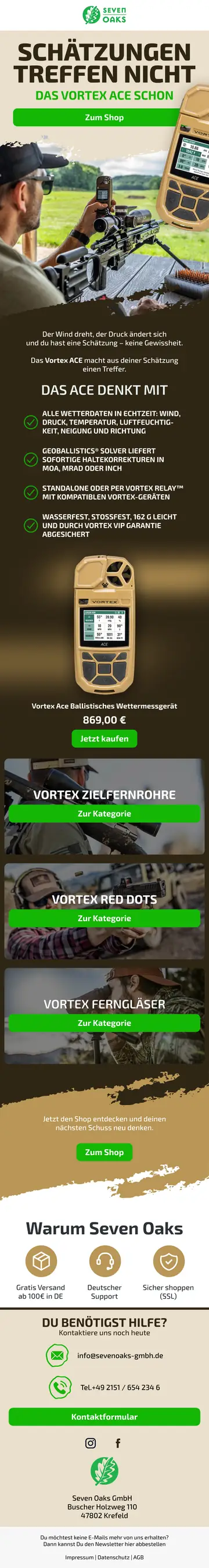 Seven Oaks stellt das Vortex-ACE-Wettermessgerät in den Mittelpunkt einer produktbezogenen Erinnerungs-Mail. Auf das Einsatzmotiv folgt eine Liste der im Newsletter hervorgehobenen Gerätefunktionen; weitere Bildbereiche ordnen das Produkt in das Vortex-Sortiment ein.