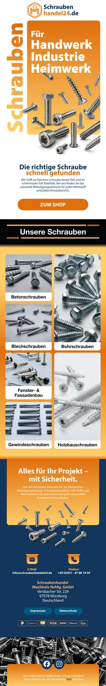 schraubenhandel24 ordnet sein Schraubensortiment nach Anwendungen und Bauformen. Große Bildkacheln führen zu Beton-, Blech-, Bohr-, Gewinde- und Holzbauschrauben sowie zu Schrauben für Fenster- und Fassadenbau.