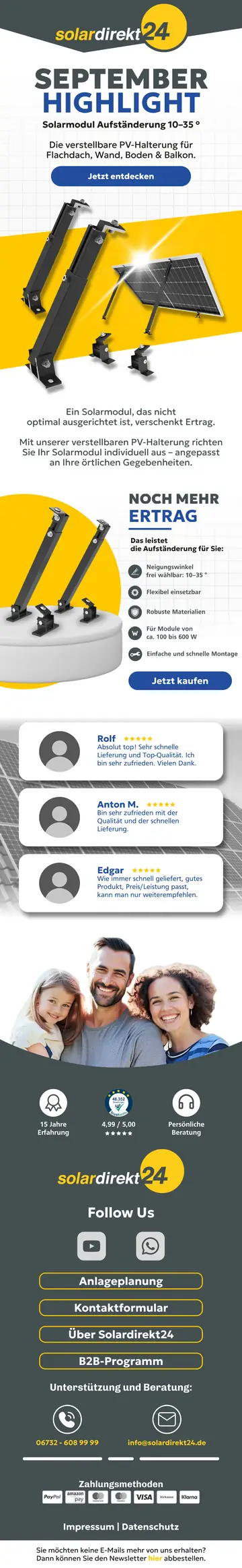solardirekt24 stellt eine verstellbare Solarmodul-Aufständerung als September-Thema vor. Nach dem Produktbild erläutert ein kompakter Merkmalsbereich Neigungswinkel, Einsatzorte, Material und Montage; anschließend folgen Service- und Beratungsbereiche.