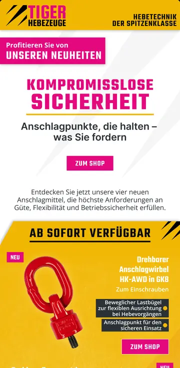 E-Mail-Design TIGER Hebezeuge: Neuheiten: Anschlagpunkte, die halten