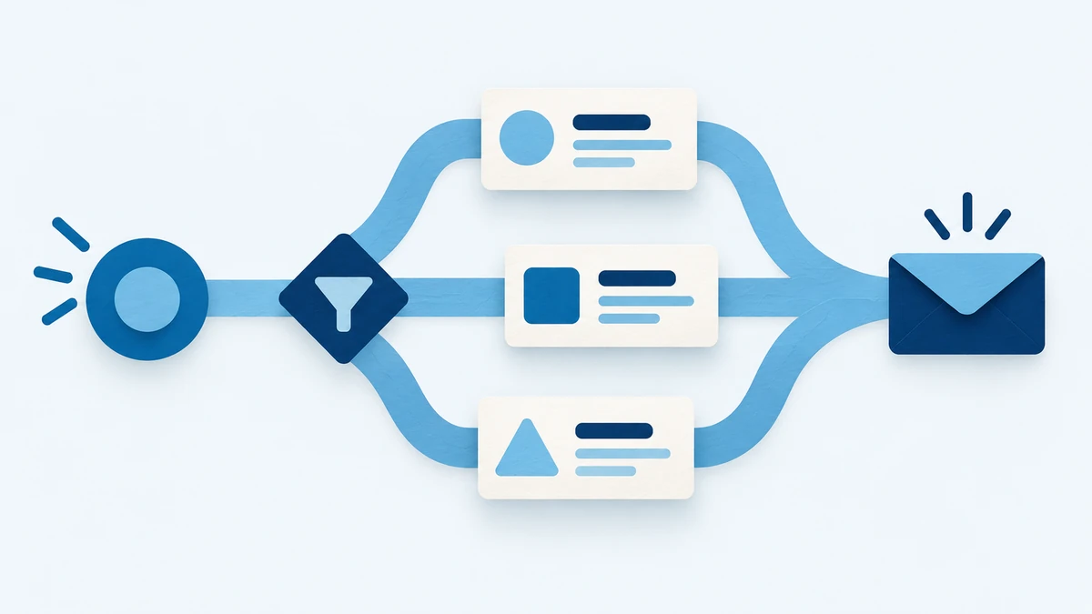 Illustration einer E-Mail-Automation mit verzweigten Versandwegen.